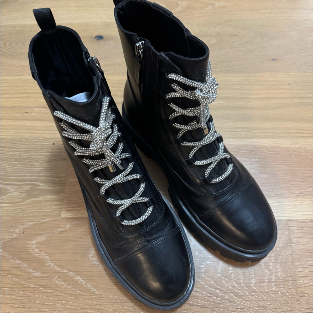 SCHUTZ Kaile Glam Stomper Boots in Black Leather Crystal Laces